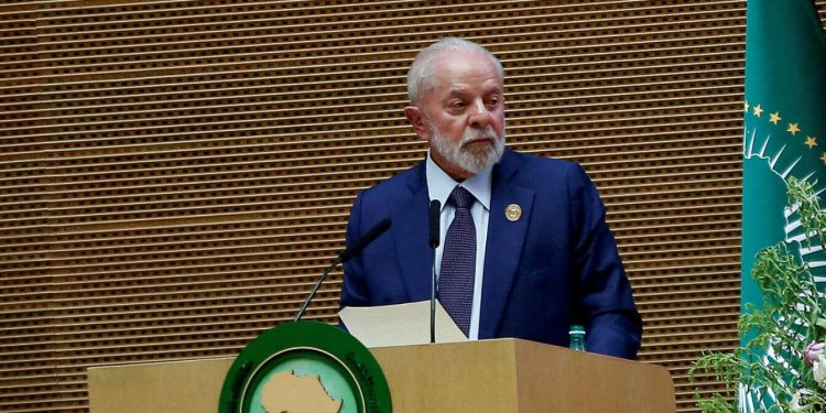 FILE PHOTO: Brazil's President Luiz Inacio Lula da Silva addresses the opening of the 37th Ordinary Session of the Assembly of the African Union at the African Union Headquarters, in Addis Ababa, Ethiopia February 17, 2024. REUTERS/Stringer//File Photo