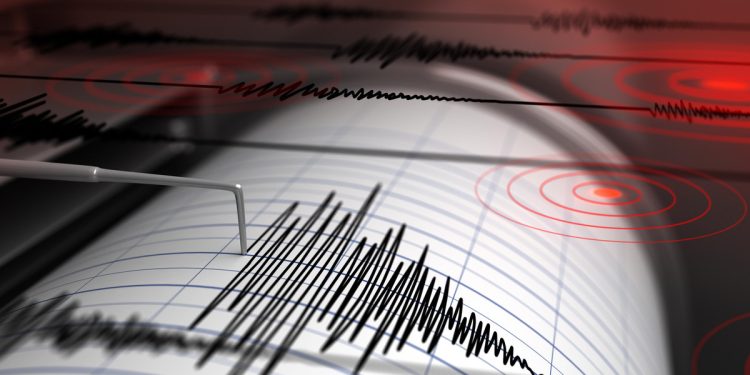 Seismograph with paper in action and earthquake - 3D Rendering